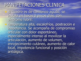 MANIFETACIONES CLINICA El cuadro es de comienzo agudo, se instala en horas o pocos días, con síndrome febril: temperatura alta, escalofríos, postración e inapetencia. Se acompaña de compromiso articular con dolor espontáneo, especialmente intenso al movilizar la articulación, aumento de volumen, enrojecimiento cutáneo, aumento de calor local, impotencia funcional y posición antiálgica.  