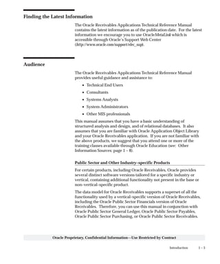 1 – 3Introduction
Oracle Proprietary, Confidential Information––Use Restricted by Contract
Finding the Latest Information
The Oracle Receivables Applications Technical Reference Manual
contains the latest information as of the publication date. For the latest
information we encourage you to use OracleMetaLink which is
accessible through Oracle’s Support Web Center
(http://www.oracle.com/support/elec_sup).
Audience
The Oracle Receivables Applications Technical Reference Manual
provides useful guidance and assistance to:
• Technical End Users
• Consultants
• Systems Analysts
• System Administrators
• Other MIS professionals
This manual assumes that you have a basic understanding of
structured analysis and design, and of relational databases. It also
assumes that you are familiar with Oracle Application Object Library
and your Oracle Receivables application. If you are not familiar with
the above products, we suggest that you attend one or more of the
training classes available through Oracle Education (see: Other
Information Sources: page 1 – 8).
Public Sector and Other Industry–specific Products
For certain products, including Oracle Receivables, Oracle provides
several distinct software versions tailored for a specific industry or
vertical, containing additional functionality not present in the base or
non–vertical–specific product.
The data model for Oracle Receivables supports a superset of all the
functionality used by a vertical–specific version of Oracle Receivables,
including the Oracle Public Sector Financials version of Oracle
Receivables. Therefore, you can use this manual in conjunction with
Oracle Public Sector General Ledger, Oracle Public Sector Payables,
Oracle Public Sector Purchasing, or Oracle Public Sector Receivables.
 