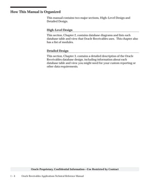 1 – 4 Oracle Receivables Applications Technical Reference Manual
Oracle Proprietary, Confidential Information––Use Restricted by Contract
How This Manual is Organized
This manual contains two major sections, High–Level Design and
Detailed Design.
High–Level Design
This section, Chapter 2, contains database diagrams and lists each
database table and view that Oracle Receivables uses. This chapter also
has a list of modules.
Detailed Design
This section, Chapter 3, contains a detailed description of the Oracle
Receivables database design, including information about each
database table and view you might need for your custom reporting or
other data requirements.
 