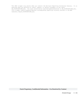 3 – 135Detailed Design
Oracle Proprietary, Confidential Information––Use Restricted by Contract
This MRC trigger only exists when you install the Multiple Reporting Currencies feature. It is
executed when you perform an insert, update, or delete statement on the table
AR_DISTRIBUTIONS_ALL. For each record being inserted/updated/deleted in AR_DISTRIBUTIONS_ALL,
this trigger inserts/updates/deletes corresponding reporting currency records in the MRC
subtable, AR_MC_DISTRIBUTIONS_ALL.
 