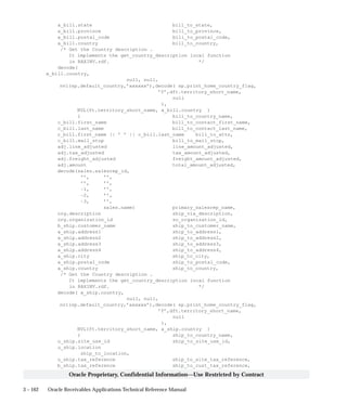 3 – 162 Oracle Receivables Applications Technical Reference Manual
Oracle Proprietary, Confidential Information––Use Restricted by Contract
a_bill.state bill_to_state,
a_bill.province bill_to_province,
a_bill.postal_code bill_to_postal_code,
a_bill.country bill_to_country,
/* Get the Country description .
It implements the get_country_description local function
in RAXINV.rdf. */
decode(
a_bill.country,
null, null,
nvl(sp.default_country,’xxxxxx’),decode( sp.print_home_country_flag,
’Y’,dft.territory_short_name,
null
),
NVL(ft.territory_short_name, a_bill.country )
) bill_to_country_name,
c_bill.first_name bill_to_contact_first_name,
c_bill.last_name bill_to_contact_last_name,
c_bill.first_name || ’ ’ || c_bill.last_name bill_to_attn,
c_bill.mail_stop bill_to_mail_stop,
adj.line_adjusted line_amount_adjusted,
adj.tax_adjusted tax_amount_adjusted,
adj.freight_adjusted freight_amount_adjusted,
adj.amount total_amount_adjusted,
decode(sales.salesrep_id,
’’, ’’,
’’, ’’,
–1, ’’,
–2, ’’,
–3, ’’,
sales.name) primary_salesrep_name,
org.description ship_via_description,
org.organization_id so_organization_id,
b_ship.customer_name ship_to_customer_name,
a_ship.address1 ship_to_address1,
a_ship.address2 ship_to_address2,
a_ship.address3 ship_to_address3,
a_ship.address4 ship_to_address4,
a_ship.city ship_to_city,
a_ship.postal_code ship_to_postal_code,
a_ship.country ship_to_country,
/* Get the Country description .
It implements the get_country_description local function
in RAXINV.rdf. */
decode( a_ship.country,
null, null,
nvl(sp.default_country,’xxxxxx’),decode( sp.print_home_country_flag,
’Y’,dft.territory_short_name,
null
),
NVL(ft.territory_short_name, a_ship.country )
) ship_to_country_name,
u_ship.site_use_id ship_to_site_use_id,
u_ship.location
ship_to_location,
u_ship.tax_reference ship_to_site_tax_reference,
b_ship.tax_reference ship_to_cust_tax_reference,
 