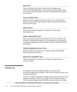 2 – 4 Oracle Receivables Applications Technical Reference Manual
Oracle Proprietary, Confidential Information––Use Restricted by Contract
Web Views
This section lists views that you may need to configure your
Self–Service Web applications. The list includes a description of the
view, and the page in Chapter 3 that gives detailed information about
the web view.
Forms and Table Views
This section lists supplementary views that are not essential to the
Release 11i data model, but simplify coding or improve performance
for Oracle Developer.
Internal Views
This section includes each private, internal view that Oracle
Receivables uses.
Single–Organization Views
This section lists the Oracle Receivables views that we added to take
the place of various tables that are now partitioned by operating unit,
to support multiple sets of books within a single installation of Oracle
Receivables.
Multiple Reporting Currency Views
This list includes views that were created to support the Multiple
Reporting Currencies feature.
Backwards–Compatible Views
This section lists the views that were created to support the new
customer model.
Module List
The Module List section briefly describes each of the Oracle
Receivables applications modules. This section lists forms, reports, and
concurrent programs.
A form is a module comprised of closely related windows that are used
together to perform a task. For example, the Enter Journals form in
Oracle General Ledger includes the Enter Journals window, the Batch
 
