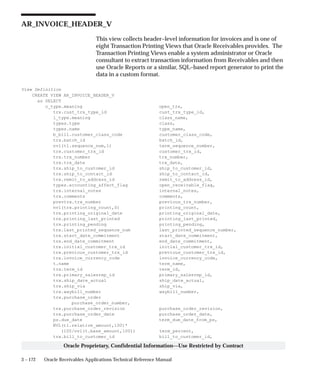 3 – 172 Oracle Receivables Applications Technical Reference Manual
Oracle Proprietary, Confidential Information––Use Restricted by Contract
AR_INVOICE_HEADER_V
This view collects header–level information for invoices and is one of
eight Transaction Printing Views that Oracle Receivables provides. The
Transaction Printing Views enable a system administrator or Oracle
consultant to extract transaction information from Receivables and then
use Oracle Reports or a similar, SQL–based report generator to print the
data in a custom format.
View Definition
CREATE VIEW AR_INVOICE_HEADER_V
as SELECT
o_type.meaning open_trx,
trx.cust_trx_type_id cust_trx_type_id,
l_type.meaning class_name,
types.type class,
types.name type_name,
b_bill.customer_class_code customer_class_code,
trx.batch_id batch_id,
nvl(tl.sequence_num,1) term_sequence_number,
trx.customer_trx_id customer_trx_id,
trx.trx_number trx_number,
trx.trx_date trx_date,
trx.ship_to_customer_id ship_to_customer_id,
trx.ship_to_contact_id ship_to_contact_id,
trx.remit_to_address_id remit_to_address_id,
types.accounting_affect_flag open_receivable_flag,
trx.internal_notes internal_notes,
trx.comments comments,
prevtrx.trx_number previous_trx_number,
nvl(trx.printing_count,0) printing_count,
trx.printing_original_date printing_original_date,
trx.printing_last_printed printing_last_printed,
trx.printing_pending printing_pending,
trx.last_printed_sequence_num last_printed_sequence_number,
trx.start_date_commitment start_date_commitment,
trx.end_date_commitment end_date_commitment,
trx.initial_customer_trx_id initial_customer_trx_id,
trx.previous_customer_trx_id previous_customer_trx_id,
trx.invoice_currency_code invoice_currency_code,
t.name term_name,
trx.term_id term_id,
trx.primary_salesrep_id primary_salesrep_id,
trx.ship_date_actual ship_date_actual,
trx.ship_via ship_via,
trx.waybill_number waybill_number,
trx.purchase_order
purchase_order_number,
trx.purchase_order_revision purchase_order_revision,
trx.purchase_order_date purchase_order_date,
ps.due_date term_due_date_from_ps,
NVL(tl.relative_amount,100)*
(100/nvl(t.base_amount,100)) term_percent,
trx.bill_to_customer_id bill_to_customer_id,
 