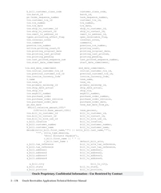 3 – 178 Oracle Receivables Applications Technical Reference Manual
Oracle Proprietary, Confidential Information––Use Restricted by Contract
b_bill.customer_class_code customer_class_code,
trx.batch_id batch_id,
ps.terms_sequence_number term_sequence_number,
trx.customer_trx_id customer_trx_id,
trx.trx_number trx_number,
trx.trx_date trx_date,
trx.ship_to_customer_id ship_to_customer_id,
trx.ship_to_contact_id ship_to_contact_id,
trx.remit_to_address_id remit_to_address_id,
types.accounting_affect_flag open_receivable_flag,
trx.internal_notes internal_notes,
trx.comments comments,
prevtrx.trx_number previous_trx_number,
nvl(trx.printing_count,0) printing_count,
trx.printing_original_date printing_original_date,
trx.printing_last_printed printing_last_printed,
trx.printing_pending printing_pending,
trx.last_printed_sequence_num last_printed_sequence_number,
trx.start_date_commitment start_date_commitment,
trx.end_date_commitment end_date_commitment,
trx.initial_customer_trx_id initial_customer_trx_id,
trx.previous_customer_trx_id previous_customer_trx_id,
trx.invoice_currency_code invoice_currency_code,
t.name term_name,
trx.term_id term_id,
trx.primary_salesrep_id primary_salesrep_id,
trx.ship_date_actual ship_date_actual,
trx.ship_via ship_via,
trx.waybill_number waybill_number,
trx.purchase_order purchase_order_number,
trx.purchase_order_revision purchase_order_revision,
trx.purchase_order_date purchase_order_date,
ps.due_date term_due_date_from_ps,
NVL(tl.relative_amount,100)*
(100/nvl(t.base_amount,100)) term_percent,
trx.bill_to_customer_id bill_to_customer_id,
trx.bill_to_contact_id bill_to_contact_id,
trx.bill_to_site_use_id bill_to_site_use_id,
u_bill.location bill_to_location,
b_bill.customer_number bill_to_customer_number,
b_bill.customer_name bill_to_customer_name,
decode(nvl(c_bill.first_name,’*’) || nvl(c_bill.last_name,’*’),
’**’, nvl(a_type.meaning,
’Attn: Accounts Payable’),
c_bill.first_name || ’ ’ ||
c_bill.last_name ) default_bill_attn,
u_bill.tax_reference bill_to_site_tax_reference,
b_bill.tax_reference bill_to_cust_tax_reference,
a_bill.address1 bill_to_address1,
a_bill.address2 bill_to_address2,
a_bill.address3 bill_to_address3,
a_bill.address4 bill_to_address4,
a_bill.city bill_to_city,
a_bill.state bill_to_state,
a_bill.province bill_to_province,
 