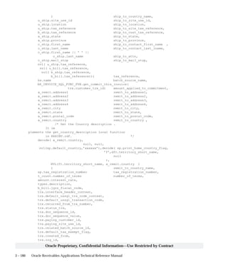 3 – 180 Oracle Receivables Applications Technical Reference Manual
Oracle Proprietary, Confidential Information––Use Restricted by Contract
) ship_to_country_name,
u_ship.site_use_id ship_to_site_use_id,
u_ship.location ship_to_location,
u_ship.tax_reference ship_to_site_tax_reference,
b_ship.tax_reference ship_to_cust_tax_reference,
a_ship.state ship_to_state,
a_ship.province ship_to_province,
c_ship.first_name ship_to_contact_first_name ,
c_ship.last_name ship_to_contact_last_lname,
c_ship.first_name || ’ ’ ||
c_ship.last_name ship_to_attn,
c_ship.mail_stop ship_to_mail_stop,
nvl( u_ship.tax_reference,
nvl( u_bill.tax_reference,
nvl( b_ship.tax_reference,
b_bill.tax_reference))) tax_reference,
bs.name batch_source_name,
AR_INVOICE_SQL_FUNC_PUB.get_commit_this_invoice(
trx.customer_trx_id) amount_applied_to_commitment,
a_remit.address1 remit_to_address1,
a_remit.address2 remit_to_address2,
a_remit.address3 remit_to_address3,
a_remit.address4 remit_to_address4,
a_remit.city remit_to_city,
a_remit.state remit_to_state,
a_remit.postal_code remit_to_postal_code,
a_remit.country remit_to_country ,
/* Get the Country description .
It im
plements the get_country_description local function
in RAXINV.rdf. */
decode( a_remit.country,
null, null,
nvl(sp.default_country,’xxxxxx’),decode( sp.print_home_country_flag,
’Y’,dft.territory_short_name,
null
),
NVL(ft.territory_short_name, a_remit.country )
) remit_to_country_name,
sp.tax_registration_number tax_registration_number,
t_count.number_of_terms number_of_terms,
amount.interest_rate,
types.description,
b_bill.jgzz_fiscal_code,
trx.interface_header_context,
trx.default_ussgl_trx_code_context,
trx.default_ussgl_transaction_code,
trx.recurred_from_trx_number,
trx.status_trx,
trx.doc_sequence_id,
trx.doc_sequence_value,
trx.paying_customer_id,
trx.paying_site_use_id,
trx.related_batch_source_id,
trx.default_tax_exempt_flag,
trx.created_from,
trx.org_id,
 