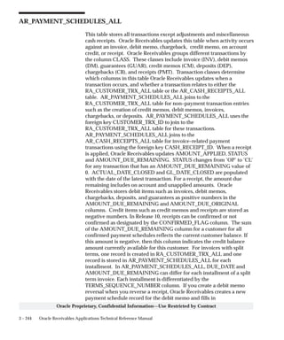 3 – 244 Oracle Receivables Applications Technical Reference Manual
Oracle Proprietary, Confidential Information––Use Restricted by Contract
AR_PAYMENT_SCHEDULES_ALL
This table stores all transactions except adjustments and miscellaneous
cash receipts. Oracle Receivables updates this table when activity occurs
against an invoice, debit memo, chargeback, credit memo, on account
credit, or receipt. Oracle Receivables groups different transactions by
the column CLASS. These classes include invoice (INV), debit memos
(DM), guarantees (GUAR), credit memos (CM), deposits (DEP),
chargebacks (CB), and receipts (PMT). Transaction classes determine
which columns in this table Oracle Receivables updates when a
transaction occurs, and whether a transaction relates to either the
RA_CUSTOMER_TRX_ALL table or the AR_CASH_RECEIPTS_ALL
table. AR_PAYMENT_SCHEDULES_ALL joins to the
RA_CUSTOMER_TRX_ALL table for non–payment transaction entries
such as the creation of credit memos, debit memos, invoices,
chargebacks, or deposits. AR_PAYMENT_SCHEDULES_ALL uses the
foreign key CUSTOMER_TRX_ID to join to the
RA_CUSTOMER_TRX_ALL table for these transactions.
AR_PAYMENT_SCHEDULES_ALL joins to the
AR_CASH_RECEIPTS_ALL table for invoice–related payment
transactions using the foreign key CASH_RECEIPT_ID. When a receipt
is applied, Oracle Receivables updates AMOUNT_APPLIED, STATUS
and AMOUNT_DUE_REMAINING. STATUS changes from ’OP’ to ’CL’
for any transaction that has an AMOUNT_DUE_REMAINING value of
0. ACTUAL_DATE_CLOSED and GL_DATE_CLOSED are populated
with the date of the latest transaction. For a receipt, the amount due
remaining includes on account and unapplied amounts. Oracle
Receivables stores debit items such as invoices, debit memos,
chargebacks, deposits, and guarantees as positive numbers in the
AMOUNT_DUE_REMAINING and AMOUNT_DUE_ORIGINAL
columns. Credit items such as credit memos and receipts are stored as
negative numbers. In Release 10, receipts can be confirmed or not
confirmed as designated by the CONFIRMED_FLAG column. The sum
of the AMOUNT_DUE_REMAINING column for a customer for all
confirmed payment schedules reflects the current customer balance. If
this amount is negative, then this column indicates the credit balance
amount currently available for this customer. For invoices with split
terms, one record is created in RA_CUSTOMER_TRX_ALL and one
record is stored in AR_PAYMENT_SCHEDULES_ALL for each
installment. In AR_PAYMENT_SCHEDULES_ALL, DUE_DATE and
AMOUNT_DUE_REMAINING can differ for each installment of a split
term invoice. Each installment is differentiated by the
TERMS_SEQUENCE_NUMBER column. If you create a debit memo
reversal when you reverse a receipt, Oracle Receivables creates a new
payment schedule record for the debit memo and fills in
 