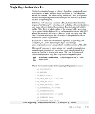 2 – 53High–Level Design
Oracle Proprietary, Confidential Information––Use Restricted by Contract
Single Organization View List
Multi–Organization Support is a feature that allows you to implement
multiple sets of books within a single installation of Oracle Payables,
Oracle Receivables, Oracle Purchasing, and Oracle Order Management.
Instead of using multiple installations to provide data security, data is
secured by operating unit.
In Release 10.7, we added a column, ORG_ID, to each base table that
requires ”partitioning” by operating unit, including all transaction tables
and many reference tables, then renamed these tables to end with the
suffix _ALL. Then, to take the place of the renamed table, we create a
view (named like the Release 10.6 or earlier table) containing a WHERE
clause that automatically restricts data to a single operating unit. The
WHERE clause relies upon the value of an Oracle global variable to
indicate the current organization.
If you want to retrieve all information, regardless of operating unit,
query the _ALL table. For example, if you are running a
cross–organization report, you probably want to query the _ALL table.
However, if you want to report against only a single organization or
operating unit, query the corresponding cross–organizational view,
using the familiar 10.6–style table name. The view definition will
automatically retrieve only data for your current operating unit.
Additional Information: Multiple Organizations in Oracle
Applications
Oracle Receivables uses the following Single Organization views:
• AR_ADJUSTMENTS
• AR_BATCHES
• AR_BATCH_SOURCES
• AR_CASH_BASIS_DISTRIBUTIONS
• AR_CASH_RECEIPTS
• AR_CASH_RECEIPT_HISTORY
• AR_COLLECTION_INDICATORS
• AR_CORRESPONDENCES
• AR_CORRESPONDENCE_PAY_SCHED
• AR_CUSTOMER_CALLS
• AR_CUSTOMER_CALL_TOPICS
 