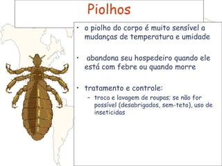Piolhos
• o piolho do corpo é muito sensível a
mudanças de temperatura e umidade
• abandona seu hospedeiro quando ele
está com febre ou quando morre
• tratamento e controle:
– troca e lavagem de roupas; se não for
possível (desabrigados, sem-teto), uso de
inseticidas
 