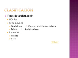  Tipos     de articulación
    Móviles
    Semimóviles
        Verdaderas       Cuerpos vertebrados entre si
        Falsas       Sínfisis púbica
    Inmóviles
        Cráneo
        Cara
                                                 Volver
 