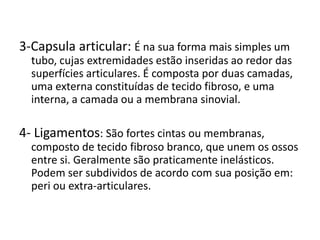 3-Capsula articular: É na sua forma mais simples um tubo, cujas extremidades estão inseridas ao redor das superfícies articulares. É composta por duas camadas, uma externa constituídas de tecido fibroso, e uma interna, a camada ou a membrana sinovial. 4- Ligamentos: São fortes cintas ou membranas, composto de tecido fibroso branco, que unem os ossos entre si. Geralmente são praticamente inelásticos. Podem ser subdividos de acordo com sua posição em: peri ou extra-articulares.