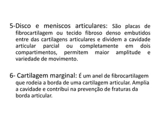 5-Disco e meniscos articulares: São placas de fibrocartilagem ou tecido fibroso denso embutidos entre das cartilagens articulares e dividem a cavidade articular parcial ou completamente em dois compartimentos, permitem maior amplitude e variedade de movimento. 6- Cartilagem marginal: É um anel de fibrocartilagem que rodeia a borda de uma cartilagem articular. Amplia a cavidade e contribui na prevenção de fraturas da borda articular.