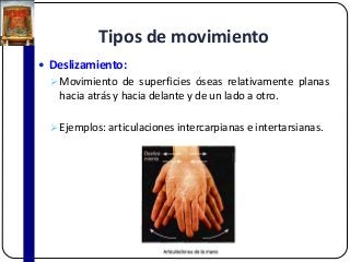 Tipos de movimiento
 Deslizamiento:
Movimiento de superficies óseas relativamente planas
hacia atrás y hacia delante y de un lado a otro.
Ejemplos: articulaciones intercarpianas e intertarsianas.
 