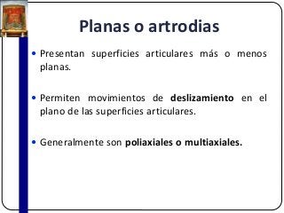 Planas o artrodias
 Presentan superficies articulares más o menos
planas.
 Permiten movimientos de deslizamiento en el
plano de las superficies articulares.
 Generalmente son poliaxiales o multiaxiales.
 