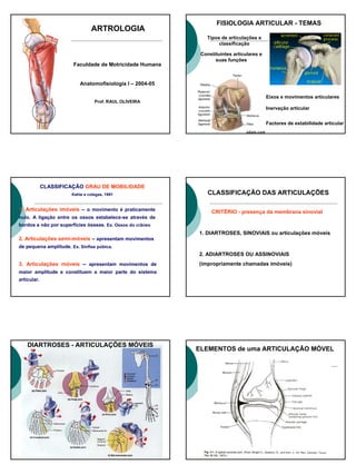 1
ARTROLOGIA
Faculdade de Motricidade Humana
Anatomofisiologia I – 2004-05
Prof. RAUL OLIVEIRA
FISIOLOGIA ARTICULAR - TEMAS
Constituintes articulares e
suas funções
Tipos de articulações e
classificação
Eixos e movimentos articulares
Inervação articular
Factores de estabilidade articular
1. Articulações imóveis – o movimento é praticamente
nulo. A ligação entre os ossos estabelece-se através de
bordos e não por superfícies ósseas. Ex. Ossos do crâneo
CLASSIFICAÇÃO GRAU DE MOBILIDADE
Kahle e colegas, 1991
3. Articulações móveis – apresentam movimentos de
maior amplitude e constituem a maior parte do sistema
articular.
2. Articulações semi-móveis – apresentam movimentos
de pequena amplitude. Ex. Sínfise púbica.
CRITÉRIO - presença da membrana sinovial
CLASSIFICAÇÃO DAS ARTICULAÇÕES
1. DIARTROSES, SINOVIAIS ou articulações móveis
2. ADIARTROSES OU ASSINOVIAIS
(impropriamente chamadas imóveis)
DIARTROSES - ARTICULAÇÕES MÓVEIS
ELEMENTOS de uma ARTICULAÇÃO MÓVEL
 