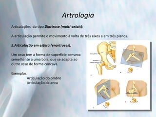 Artrologia Articulações  do tipo  Diartrose (multi-axiais) : A articulação permite o movimento à volta de três eixos e em três planos. Articulação em esfera (enartroses):  Um osso tem a forma de superfície convexa  semelhante a uma bola, que se adapta ao  outro osso de forma côncava. Exemplos: Articulação do ombro Articulação da anca 