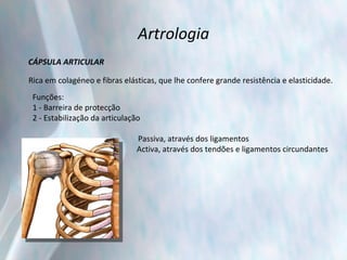 Artrologia CÁPSULA ARTICULAR Rica em colagéneo e fibras elásticas, que lhe confere grande resistência e elasticidade. Funções:  1 - Barreira de protecção 2 - Estabilização da articulação     Passiva, através dos ligamentos Activa, através dos tendões e ligamentos circundantes 