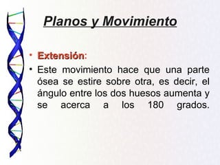 Planos y Movimiento

• Extensión:
  Extensión
• Este movimiento hace que una parte
  ósea se estire sobre otra, es decir, el
  ángulo entre los dos huesos aumenta y
  se acerca a los 180 grados.
 