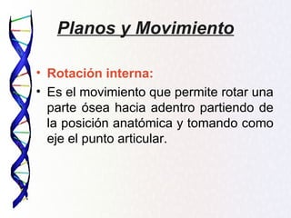 Planos y Movimiento

• Rotación interna:
• Es el movimiento que permite rotar una
  parte ósea hacia adentro partiendo de
  la posición anatómica y tomando como
  eje el punto articular.
 