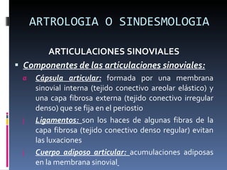 ARTROLOGIA O SINDESMOLOGIA ARTICULACIONES SINOVIALES Componentes de las articulaciones sinoviales: Cápsula articular:  formada por una membrana sinovial interna (tejido conectivo areolar elástico) y una capa fibrosa externa (tejido conectivo irregular denso) que se fija en el periostio Ligamentos:  son los haces de algunas fibras de la capa fibrosa (tejido conectivo denso regular) evitan las luxaciones Cuerpo adiposo articular:  acumulaciones adiposas en la membrana sinovial   