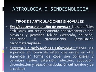 ARTROLOGIA O SINDESMOLOGIA TIPOS DE ARTICULACIONES SINOVIALES Encaje recíproco o en silla de montar:  las superficies articulares son recíprocamente concavoconvexa son biaxiales y permiten felxión extensión, aducción, abducción y circunducción (articulación carpometacarpiana) Enartrosis o articulaciones esferoidales:  tienen una superficie en forma de esfera que encaja en otra superficie en forma de copa, son poliaxiales y permiten flexión, extensión, aducción, abducción, circunducción y rotación (articulación del hombro y de la cadera) 