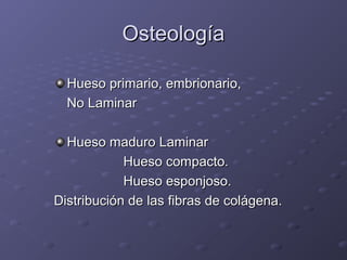 OOsstteeoollooggííaa 
HHuueessoo pprriimmaarriioo,, eemmbbrriioonnaarriioo,, 
NNoo LLaammiinnaarr 
HHuueessoo mmaadduurroo LLaammiinnaarr 
HHuueessoo ccoommppaaccttoo. 
HHuueessoo eessppoonnjjoossoo. 
DDiissttrriibbuucciióónn ddee llaass ffiibbrraass ddee ccoolláággeennaa. 
 
