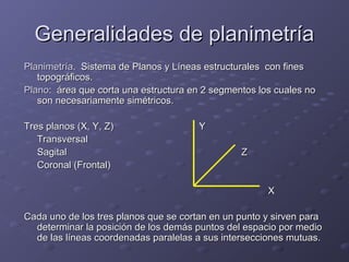 GGeenneerraalliiddaaddeess ddee ppllaanniimmeettrrííaa 
PPllaanniimmeettrrííaa.. SSiisstteemmaa ddee PPllaannooss yy LLíínneeaass eessttrruuccttuurraalleess ccoonn ffiinneess 
ttooppooggrrááffiiccooss.. 
PPllaannoo:: áárreeaa qquuee ccoorrttaa uunnaa eessttrruuccttuurraa eenn 22 sseeggmmeennttooss llooss ccuuaalleess nnoo 
ssoonn nneecceessaarriiaammeennttee ssiimmééttrriiccooss.. 
TTrreess ppllaannooss ((XX,, YY,, ZZ)) YY 
TTrraannssvveerrssaall 
SSaaggiittaall ZZ 
CCoorroonnaall ((FFrroonnttaall)) 
XX 
CCaaddaa uunnoo ddee llooss ttrreess ppllaannooss qquuee ssee ccoorrttaann eenn uunn ppuunnttoo yy ssiirrvveenn ppaarraa 
ddeetteerrmmiinnaarr llaa ppoossiicciióónn ddee llooss ddeemmááss ppuunnttooss ddeell eessppaacciioo ppoorr mmeeddiioo 
ddee llaass llíínneeaass ccoooorrddeennaaddaass ppaarraalleellaass aa ssuuss iinntteerrsseecccciioonneess mmuuttuuaass.. 
 