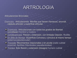 AARRTTRROOLLOOGGIIAA 
AArrttiiccuullaacciioonneess SSiinnoovviiaalleess 
DDiiaarrttrroossiiss.. AArrttiiccuullaacciioonneess MMóóvviilleess qquuee ttiieenneenn mmeenniissccooss,, ssiinnoovviiaall,, 
ccááppssuullaa aarrttiiccuullaarr yy ssuuppeerrffiicciiee aarrttiiccuullaarr.. 
EEnnaarrttrroossiiss.. AArrttiiccuullaacciioonneess ccoonn ttooddooss llooss ggrraaddooss ddee lliibbeerrttaadd 
((ccoonnddíílleeaass)) HHoommbbrroo yy CCaaddeerraa 
CCoonnddiillooaarrttrroossiiss:: FFlleexxiióónn yy eexxtteennssiióónn,, ccoonn lliimmiittaaddaa rroottaacciióónn.. RRooddiillllaa 
EEnn SSiillllaa ddee MMoonnttaarr:: SSuuppeerrffiicciiee CCoonnvveexxaa yy ccóónnccaavvaa aall mmiissmmoo ttiieemmppoo 
((eesstteerrnnooccoossttooccllaavviiccuullaarr)) 
TTrrooccooiiddee:: MMoovviimmiieennttooss rroottaacciioonnaalleess oo eenn ppiivvoottee ((rraaddiioo ccuubbiittaall 
pprrooxxiimmaall,, AAppóóffiissiiss OOddoonnttooiiddeess ((aaxxooaattllaannttooiiddeeaa)) 
TTrróócclleeaa:: SSoolloo fflleexxiióónn yy eexxtteennssiióónn ((bbiissaaggrraa)) hhuummeerroo ccuubbiittaall 
 