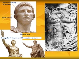 Retrat idealitzat ple
de serenitat
Cabell arrissat
Relleu narratiu
de les gestes de l’emperador i dels seus deus protectors
 