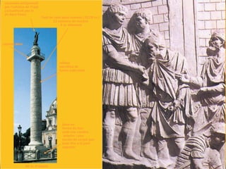 Fust de cent peus romans (29,78 m.)
12 tambors de marbre
4 m. diàmetre
coronada antigament
per l’estàtua de Trajà
(actualment per la
de Sant Pere)
relleus
narratius de
forma helicoïdal
capitell dòric
base en
forma de dau
amb una cambra
interior i una
escala de cargol que
puja fins a la part
superior
40 m. d’alçada
 