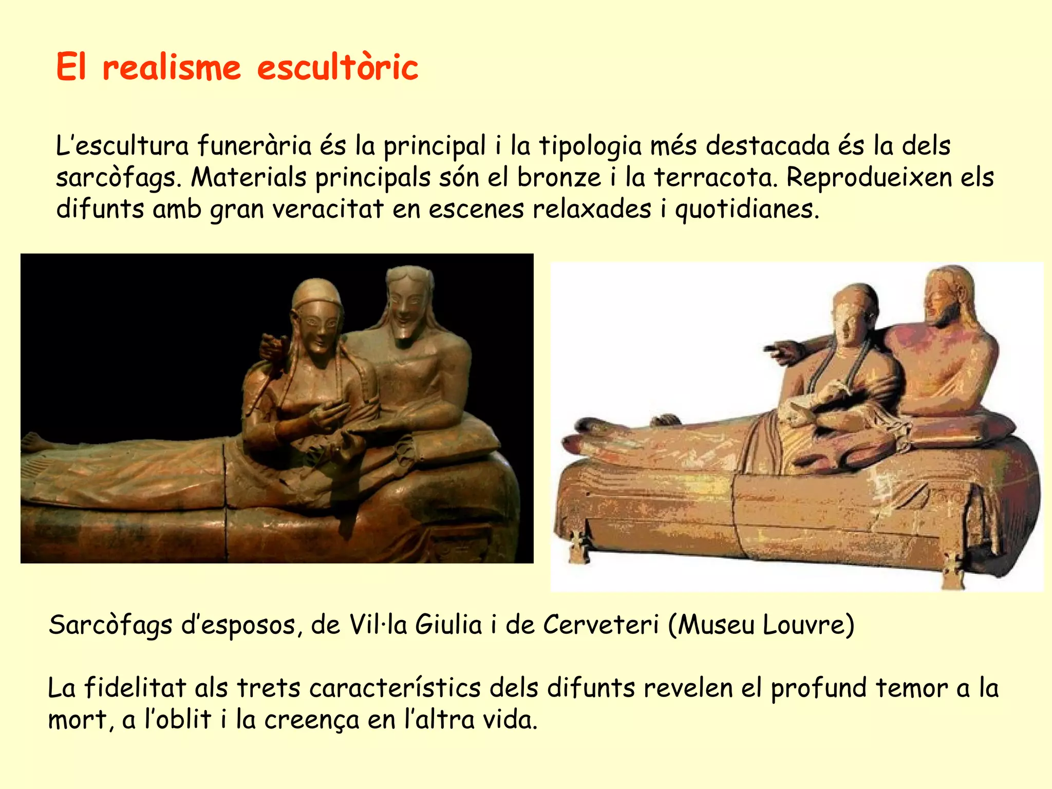 El realisme escultòric

L’escultura funerària és la principal i la tipologia més destacada és la dels
sarcòfags. Materials principals són el bronze i la terracota. Reprodueixen els
difunts amb gran veracitat en escenes relaxades i quotidianes.




Sarcòfags d’esposos, de Vil·la Giulia i de Cerveteri (Museu Louvre)

La fidelitat als trets característics dels difunts revelen el profund temor a la
mort, a l’oblit i la creença en l’altra vida.
 
