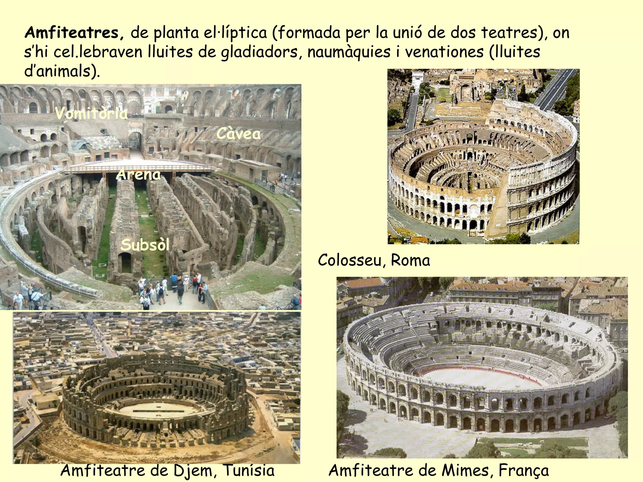 Amfiteatres, de planta el·líptica (formada per la unió de dos teatres), on
s’hi cel.lebraven lluites de gladiadors, naumàquies i venationes (lluites
d’animals).

    Vomitòria
                          Càvea

            Arena



             Subsòl
                                       Colosseu, Roma



                            Subsòl




    Amfiteatre de Djem, Tunísia          Amfiteatre de Mimes, França
 