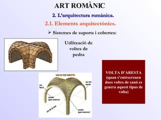 VOLTA D’ARESTA ( quan s’entrecreuen dues voltes de canó es genera aquest tipus de volta ) 2. L’arquitectura romànica.  ART ROMÀNIC 2.1. Elements arquitectònics. Sistemes de suports i cobertes: Utilització de voltes de pedra 