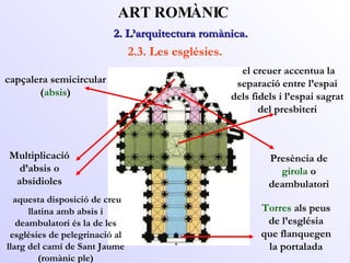 2. L’arquitectura romànica.  ART ROMÀNIC 2.3. Les esglésies. capçalera semicircular ( absis ) el creuer accentua la separació entre l’espai dels fidels i l’espai sagrat del presbiteri Presència de  girola  o deambulatori Multiplicació d’absis o absidioles Torres  als peus de l’església que flanquegen la portalada aquesta disposició de creu llatina amb absis i deambulatori és la de les esglésies de pelegrinació al llarg del camí de Sant Jaume (romànic ple) 