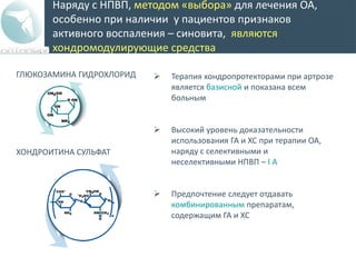 Наряду с НПВП, методом «выбора» для лечения ОА,
особенно при наличии у пациентов признаков
активного воспаления – синовита, являются
хондромодулирующие средства
ГЛЮКОЗАМИНА ГИДРОХЛОРИД
ХОНДРОИТИНА СУЛЬФАТ
 Терапия хондропротекторами при артрозе
является базисной и показана всем
больным
 Высокий уровень доказательности
использования ГА и ХС при терапии ОА,
наряду с селективными и
неселективными НПВП – I A
 Предпочтение следует отдавать
комбинированным препаратам,
содержащим ГА и ХС
 