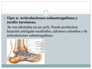  Tipo 2: Articulaciones subastragalinas y
 medio tarsianas.
  Se ven afectadas en un 30%. Puede producirse
 luxación astrágalo escafoides, calcáneo cuboidea y de
 articulaciones subastragalinas.
 