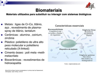 Biomateriais
Materiais utilizados para substituir ou interagir com sistemas biológicos
 Metais : ligas de Cr-Co, titânio,
aço , revestimento de plasma-
spray de titânio, tantalum
 Cerâmicas : alumina , oxinium,
zircônia
 Plástico: polietileno de ultra alto
peso molecular e polietileno
reticulado (X-linked)
 Cimento ósseo : poli meta -metil-
metacrilato
 Biocerâmicas : revestimentos de
hidroxiapatita
Mirza SB et al Basic Science considerations in primary total hip Replacement
Arthroplasty .Open Orthop J 2010;4
Fonte : engbiomateriais.com
Características essenciais
 