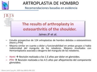 – Estudio prospectivo de 124 artroplastias de hombro debidas a osteoaretrosis
(Hemi y PTH)
– Mejoría similar en cuanto a dolor y funcionabilidad en ambos grupos si había
indemnidad del manguito de los rotadores. Mejores resultados con
Hemiartoplastia asociada a desgarro del manguito de los rotadores.
– Hemi  Revisión realizada a los 1.5 años por dolor en glenoides.
– PTH  Revisión realizada a los 4.5 años por aflojamiento del componente
glenoideo.
ARTROPLASTIA DE HOMBRO
Recomendaciones basadas en evidencia
The results of arthroplasty in
osteoarthritis of the shoulder.
Jaines JF et al.
J Bone Joint Surg Br. 2009 Apr;88(4):496-501
 