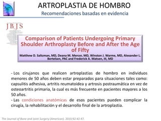 ARTROPLASTIA DE HOMBRO
Recomendaciones basadas en evidencia
Comparison of Patients Undergoing Primary
Shoulder Arthroplasty Before and After the Age
of Fifty
Matthew D. Saltzman, MD, Deana M. Mercer, MD, Winston J. Warme, MD, Alexander L.
Bertelsen, PAC and Frederick A. Matsen, III, MD
The Journal of Bone and Joint Surgery (American). 2010;92:42-47.
- Los cirujanos que realicen artroplastias de hombro en individuos
menores de 50 años deben estar preparados para situaciones tales como:
capsulitis adhesiva, artritis reumatoidea y artrosis postraumática en vez de
osteoartritis primaria, la cual es más frecuente en pacientes mayores a los
50 años.
- Las condiciones anatómicas de esos pacientes pueden complicar la
cirugía, la rehabilitación y el desarrollo final de la artroplastia.
 
