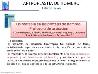 ARTROPLASTIA DE HOMBRO
Rehabilitación
Fisioterapia en las prótesis de hombro.
Protocolo de actuación
P Ordoñez López a, JL Sánchez Sánchez b, AM Martín Nogueras c, L Calderón
Díez d, J Orejuela Rodríguez e, JI Calvo Arenillas f
Fisioterapia Vol.28 Núm. 01
- 14 pacientes.
- El protocolo de actuación fisioterápica fue aplicado de forma
individualizada según su estado evolutivo. La duración del tratamiento
osciló entre 4 y 18 meses.
- El resultado de la prótesis, depende directamente de la técnica quirúrgica
empleada y del tratamiento fisioterápico, y consideramos que un
protocolo válido debe justificarse basándose tanto en la cirugía como en el
proceso biológico de cicatrización de las estructuras implicadas.
 