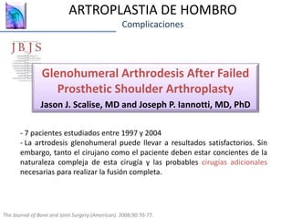ARTROPLASTIA DE HOMBRO
Complicaciones
Glenohumeral Arthrodesis After Failed
Prosthetic Shoulder Arthroplasty
Jason J. Scalise, MD and Joseph P. Iannotti, MD, PhD
The Journal of Bone and Joint Surgery (American). 2008;90:70-77.
- 7 pacientes estudiados entre 1997 y 2004
- La artrodesis glenohumeral puede llevar a resultados satisfactorios. Sin
embargo, tanto el cirujano como el paciente deben estar concientes de la
naturaleza compleja de esta cirugía y las probables cirugías adicionales
necesarias para realizar la fusión completa.
 