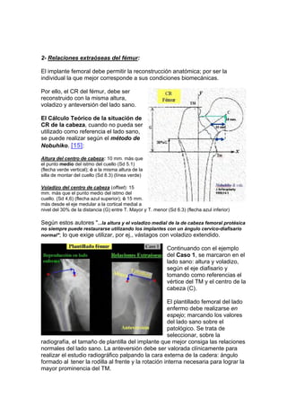 2- Relaciones extraóseas del fémur:

El implante femoral debe permitir la reconstrucción anatómica; por ser la
individual la que mejor corresponde a sus condiciones biomecánicas.

Por ello, el CR del fémur, debe ser
reconstruido con la misma altura,
voladizo y anteversión del lado sano.

El Cálculo Teórico de la situación de
CR de la cabeza, cuando no pueda ser
utilizado como referencia el lado sano,
se puede realizar según el método de
Nobuhiko. [15]:

Altura del centro de cabeza: 10 mm. más que
el punto medio del istmo del cuello (Sd 5.1)
(flecha verde vertical); ó a la misma altura de la
silla de montar del cuello (Sd 8.3) (línea verde)

Voladizo del centro de cabeza (offset): 15
mm. más que el punto medio del istmo del
cuello. (Sd 4,6) (flecha azul superior); ó 15 mm.
más desde el eje medular a la cortical medial a
nivel del 30% de la distancia (G) entre T. Mayor y T. menor (Sd 6.3) (flecha azul inferior)

Según estos autores "...la altura y el voladizo medial de la de cabeza femoral protésica
no siempre puede restaurarse utilizando los implantes con un ángulo cervico-diafisario
normal"; lo que exige utilizar, por ej., vástagos con voladizo extendido.

                                                            Continuando con el ejemplo
                                                            del Caso 1, se marcaron en el
                                                            lado sano: altura y voladizo,
                                                            según el eje diafisario y
                                                            tomando como referencias el
                                                            vértice del TM y el centro de la
                                                            cabeza (C).

                                                      El plantillado femoral del lado
                                                      enfermo debe realizarse en
                                                      espejo; marcando los valores
                                                      del lado sano sobre el
                                                      patológico. Se trata de
                                                      seleccionar, sobre la
radiografía, el tamaño de plantilla del implante que mejor consiga las relaciones
normales del lado sano. La anteversión debe ser valorada clínicamente para
realizar el estudio radiográfico palpando la cara externa de la cadera: ángulo
formado al .tener la rodilla al frente y la rotación interna necesaria para lograr la
mayor prominencia del TM.
 