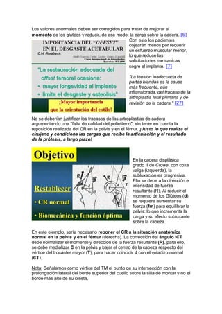 Los valores anormales deben ser corregidos para tratar de mejorar el
momento de los glúteos y reducir, de ese modo, la carga sobre la cadera. [6]
                                               Con esto los pacientes
                                               cojearán menos por requerir
                                               un esfuerzo muscular menor,
                                               lo que reduce las
                                               solicitaciones me´canicas
                                               sogre el implante. [7]

                                                  "La tensión inadecuada de
                                                  partes blandas es la causa
                                                  más frecuente, aún
                                                  infravalorada, del fracaso de la
                                                  artroplastia total primaria y de
                                                  revisión de la cadera." [27]


No se deberían justificar los fracasos de las artroplastias de cadera
argumentando una "falta de calidad del polietileno", sin tener en cuenta la
reposición realizada del CR en la pelvis y en el fémur. ¡Justo lo que realiza el
cirujano y condiciona las cargas que recibe la articulación y el resultado
de la prótesis, a largo plazo!



                                                    En la cadera displásica
                                                    grado II de Crowe, con coxa
                                                    valga (izquierda), la
                                                    subluxación es progresiva.
                                                    Ello se debe a la dirección e
                                                    intensidad de fuerza
                                                    resultante (R). Al reducir el
                                                    momento de los Glúteos (d)
                                                    se requiere aumentar su
                                                    fuerza (fm) para equilibrar la
                                                    pelvis; lo que incrementa la
                                                    carga y su efecto subluxante
                                                    sobre la cabeza.

En este ejemplo, sería necesario reponer el CR a la situación anatómica
normal en la pelvis y en el fémur (derecha). La corrección del ángulo ICT
debe normalizar el momento y dirección de la fuerza resultante (R), para ello,
se debe medializar C en la pelvis y bajar el centro de la cabeza respecto del
vértice del trocánter mayor (T); para hacer coincidir d con el voladizo normal
(CT).

Nota: Señalamos como vértice del TM el punto de su intersección con la
prolongación lateral del borde superior del cuello sobre la silla de montar y no el
borde más alto de su cresta.
 