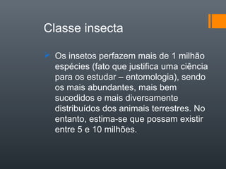 Classe insecta

 Os insetos perfazem mais de 1 milhão
  espécies (fato que justifica uma ciência
  para os estudar – entomologia), sendo
  os mais abundantes, mais bem
  sucedidos e mais diversamente
  distribuídos dos animais terrestres. No
  entanto, estima-se que possam existir
  entre 5 e 10 milhões.
 