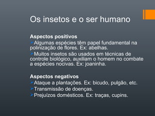 Os insetos e o ser humano
Aspectos positivos
Algumas espécies têm papel fundamental na
polinização de flores. Ex: abelhas.
Muitos insetos são usados em técnicas de
controle biológico, auxiliam o homem no combate
a espécies nocivas. Ex: joaninha.

Aspectos negativos
Ataque a plantações. Ex: bicudo, pulgão, etc.
Transmissão de doenças.
Prejuízos domésticos. Ex: traças, cupins.
 