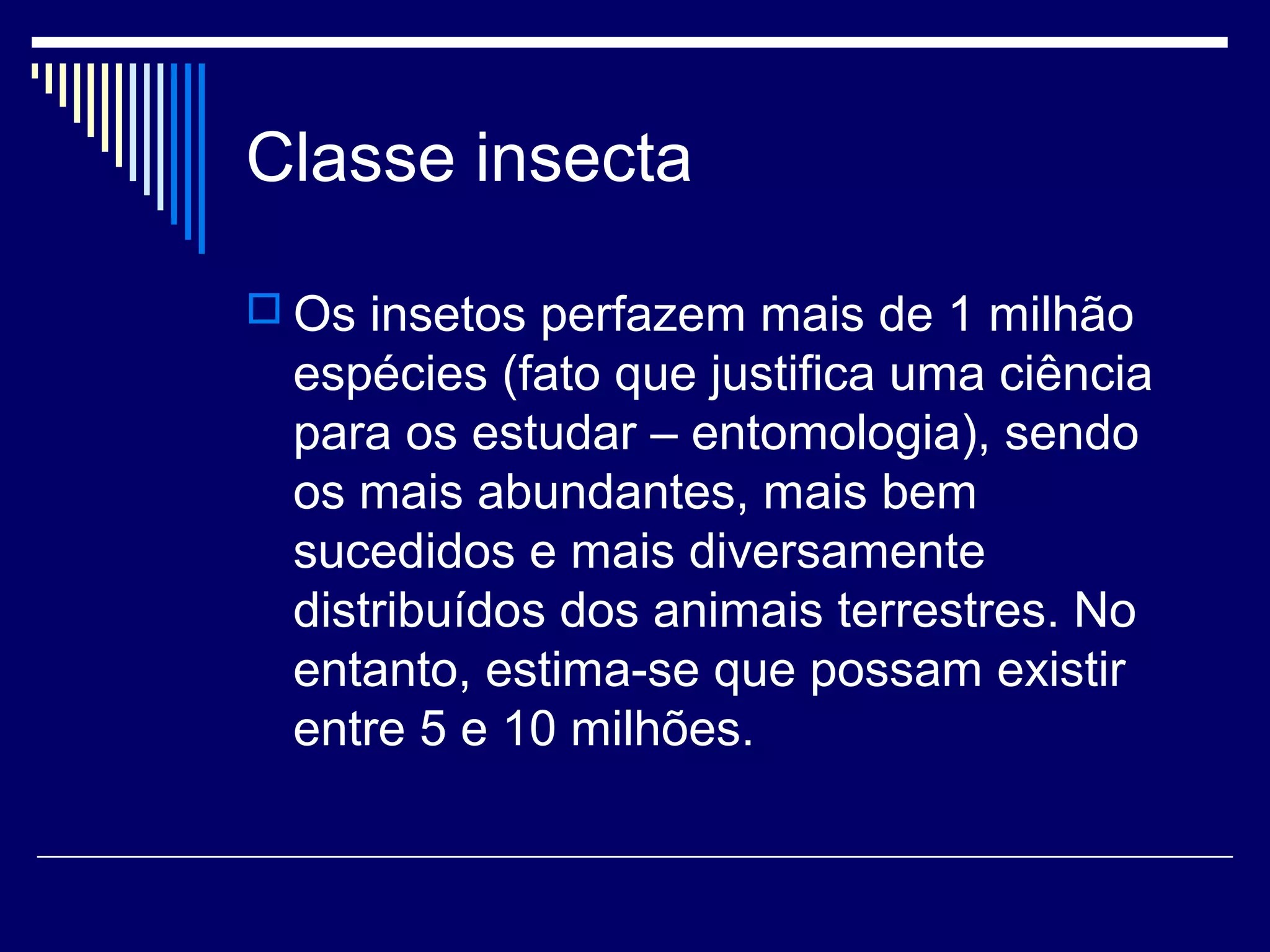 Classe insecta

 Os insetos perfazem mais de 1 milhão
  espécies (fato que justifica uma ciência
  para os estudar – entomologia), sendo
  os mais abundantes, mais bem
  sucedidos e mais diversamente
  distribuídos dos animais terrestres. No
  entanto, estima-se que possam existir
  entre 5 e 10 milhões.
 