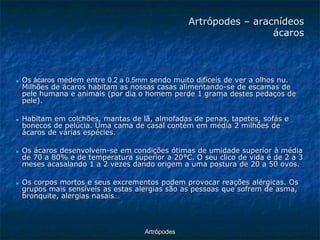 ArtrópodesArtrópodes –aracnídeos ácaros ■Osácarosmedem entre 0.2 a 0.5mmsendo muito difíceis de ver a olhos nu. Milhões de ácaros habitam as nossas casas alimentando-se de escamas de pele humana e animais (por dia o homem perde 1 grama destes pedaços de pele). ■Habitam em colchões, mantas de lã, almofadas de penas, tapetes, sofás e bonecos de pelúcia. Uma cama de casal contém em média 2 milhões de ácaros de várias espécies. ■Os ácaros desenvolvem-se em condições ótimas de umidade superior à média de 70 a 80% e de temperatura superior a 20°C. O seu clico de vida é de 2 a 3 meses acasalando 1 a 2 vezes dando origem a uma postura de 20 a 50 ovos. ■Os corpos mortos e seus excrementos podem provocar reações alérgicas. Os grupos mais sensíveis as estas alergias são as pessoas que sofrem de asma, bronquite, alergias nasais…  