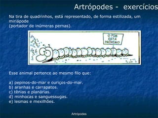 ArtrópodesArtrópodes -exercícios 
Na tira de quadrinhos, está representado, de forma estilizada, um miriápode 
(portador de inúmeras pernas). 
Esse animal pertence ao mesmo filo que: 
a) pepinos-do-mar e ouriços-do-mar. 
b) aranhas e carrapatos. 
c) tênias e planárias. 
d) minhocas e sanguessugas. 
e) lesmas e mexilhões.  