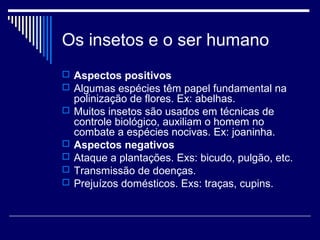 Os insetos e o ser humano
 Aspectos positivos
 Algumas espécies têm papel fundamental na
polinização de flores. Ex: abelhas.
 Muitos insetos são usados em técnicas de
controle biológico, auxiliam o homem no
combate a espécies nocivas. Ex: joaninha.
 Aspectos negativos
 Ataque a plantações. Exs: bicudo, pulgão, etc.
 Transmissão de doenças.
 Prejuízos domésticos. Exs: traças, cupins.
 