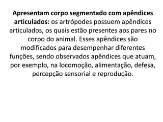 Apresentam corpo segmentado com apêndices
articulados: os artrópodes possuem apêndices
articulados, os quais estão presentes aos pares no
corpo do animal. Esses apêndices são
modificados para desempenhar diferentes
funções, sendo observados apêndices que atuam,
por exemplo, na locomoção, alimentação, defesa,
percepção sensorial e reprodução.
 