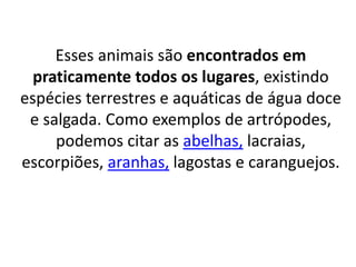 Esses animais são encontrados em
praticamente todos os lugares, existindo
espécies terrestres e aquáticas de água doce
e salgada. Como exemplos de artrópodes,
podemos citar as abelhas, lacraias,
escorpiões, aranhas, lagostas e caranguejos.
 
